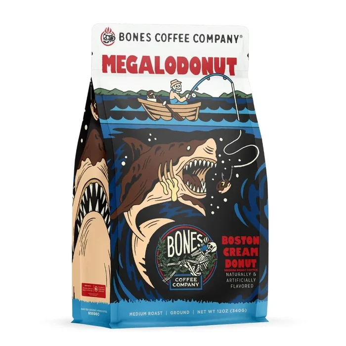 Bones Coffee Company Megalodonut Ground Coffee Beans Boston Cream Donut Flavor, Low Acid Flavored Coffee, Made With Arabica Coffee Beans, Medium Roast Gourmet (12 Oz)