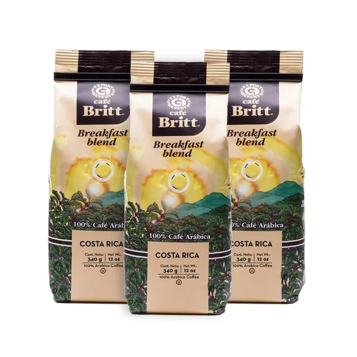 Café Britt® – Costa Rican Breakfast Blend Coffee (12 Oz.) (3-Pack) – Whole Bean, Arabica Coffee, Kosher, Gluten Free, 100% Gourmet & Medium Dark Roast