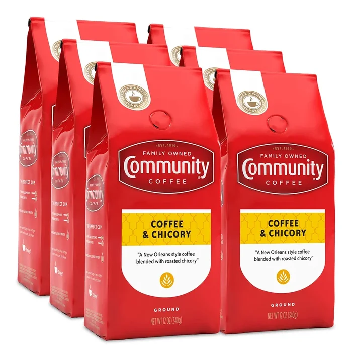 Community Coffee Coffee & Chicory Blend, Medium Dark Roast Ground Coffee, 72 oz (12 oz Bag, Pack of 6)