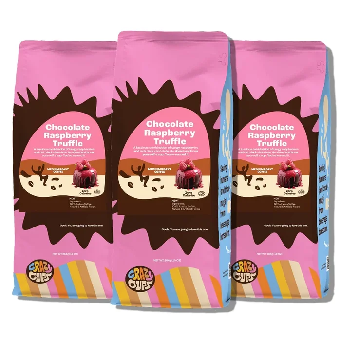 Crazy Cups Flavored Ground Chocolate Coffee, Chocolate Raspberry Coffee In 10 Oz Bag, For Brewing Flavored Hot Or Iced Coffee, 3 Pack