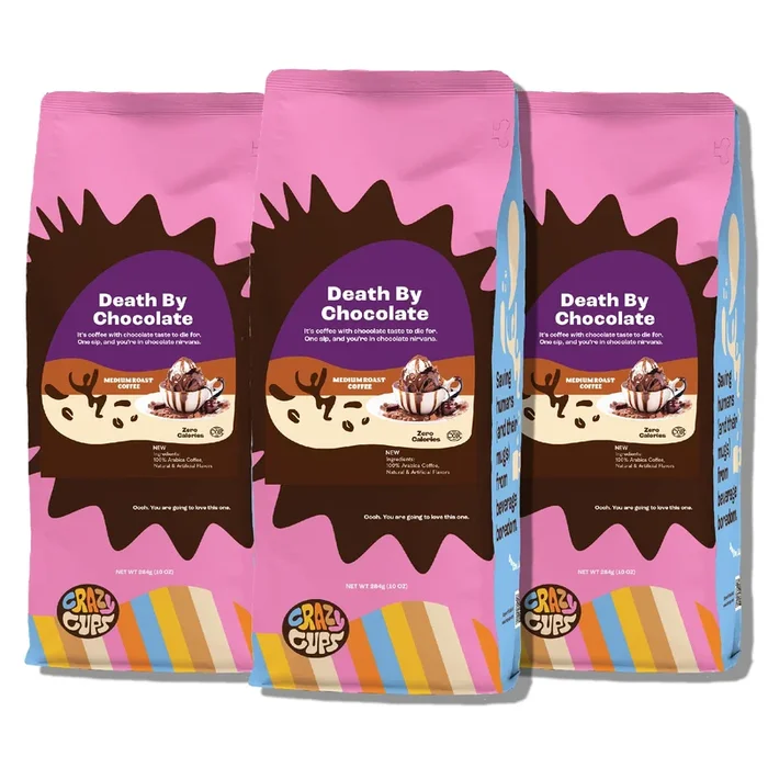 Crazy Cups Flavored Ground Chocolate Coffee, Death By Chocolate Coffee In 10 Oz Bag, For Brewing Flavored Hot Or Iced Coffee, 3 Pack
