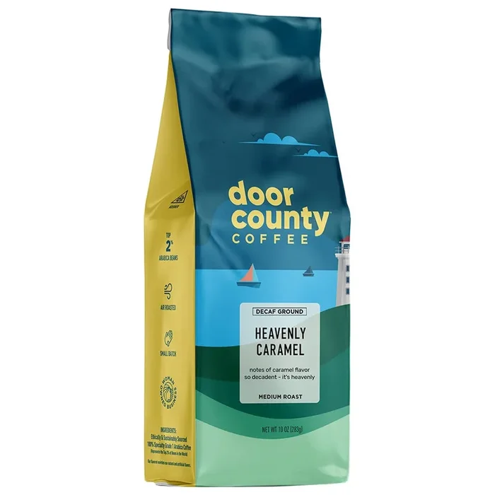 Door County Coffee – Heavenly Caramel Decaf, Sweet & Buttery Caramel Flavored Ground Coffee – Medium Roast, 10 Oz Bag