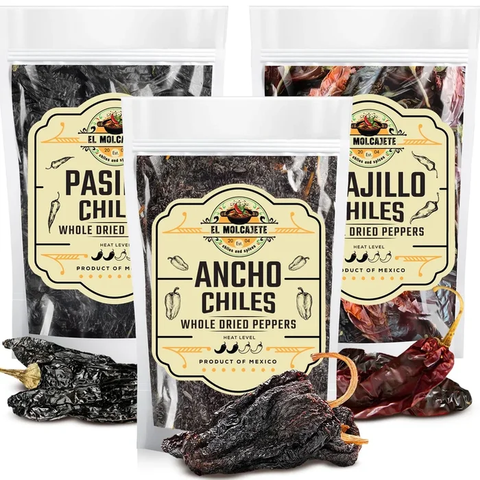 Dried Chili Pepper Variety Pack 4oz Each – Includes enhanced Whole Ancho Guajillo Pasilla Chiles – Staple for Mexican Recipes – Moles Salsa Sauces Birria Stews Tamales. By El Molcajete