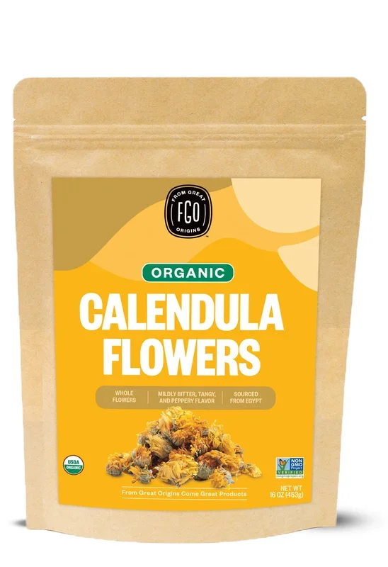FGO Organic Calendula Flowers, Whole Calendula Officinalis, 16oz Resealable Pouch, Imported from Egypt, 1 Pound (Pack of 1)
