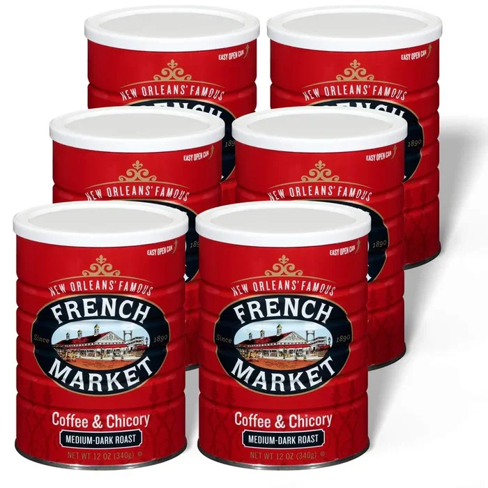 French Market Coffee & Chicory, Medium-Dark Roast, 12oz Can, Pack of 6 – Rich Flavor, Perfect for Coffee Lovers