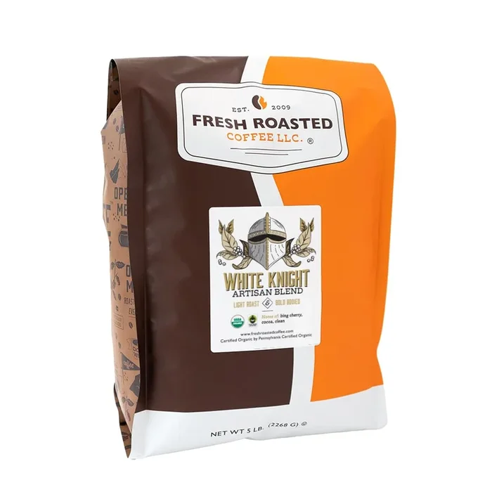 Fresh Roasted Coffee, Organic White Knight, 5 Lb (80 Oz), Light Roast, Fair Trade Kosher, Whole Bean