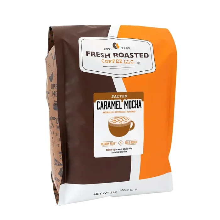 Fresh Roasted Coffee, Salted Caramel Mocha Flavored Coffee,5 Lb, Medium Roast, Kosher, Whole Bean