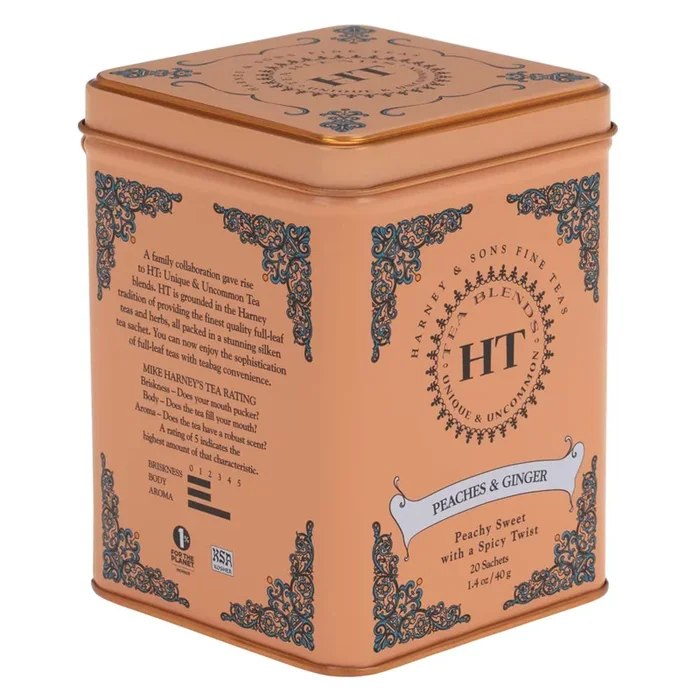 Harney & Sons Peaches & Ginger Black Tea – 20 Count Sachet Tin – Premium Flavored Black Tea for a Refreshing Brew
