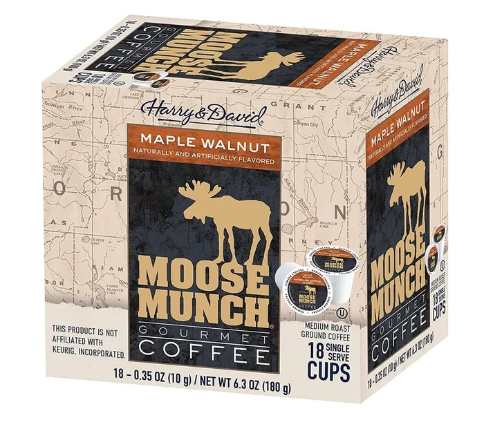 Harry & David Moose Munch Gourmet Coffee 18 Single Serve Cups Beverage Hot Or Cold (Maple Walnut)