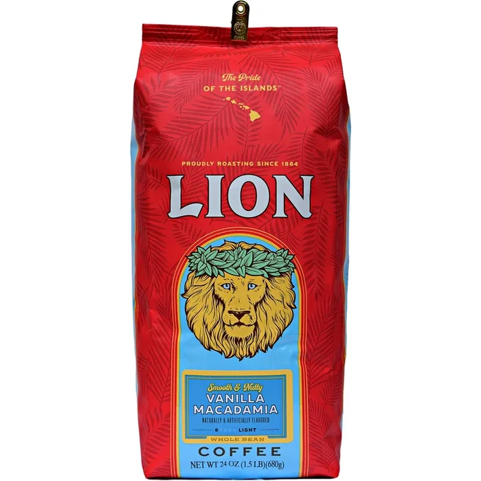 Lion Coffee, Arabica Coffee Beans, Light Roast Whole Bean Coffee, Vanilla Macadamia Flavor, A Taste Of Aloha, 24 Ounce Bag