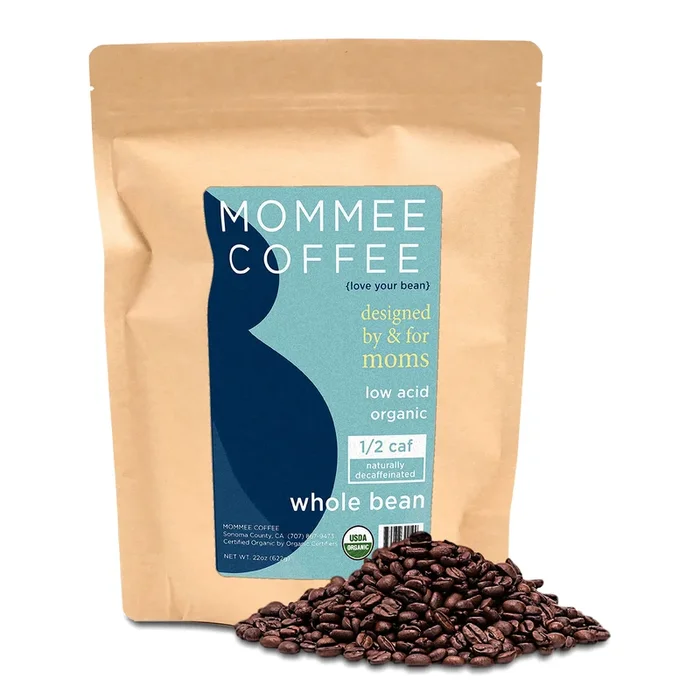 Mommee Coffee – Half Caf | Low Acid, Organic, Fair Trade, Water Processed | Whole Bean, 22 Oz.