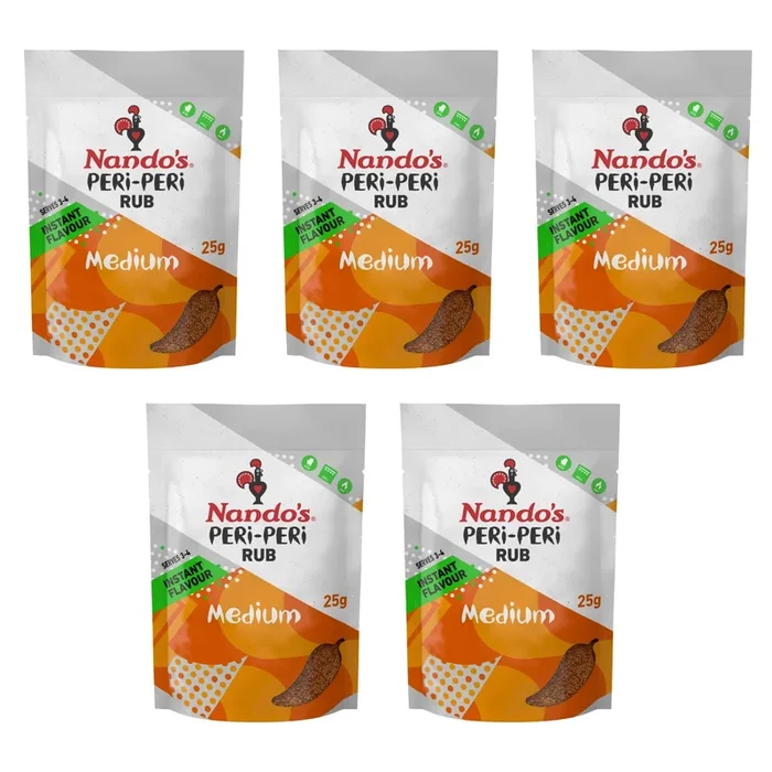 Nando’S Peri-Peri Medium Dry Rub – Bbq Seasoning Instant Flavor With A Blend Of Garlic, Herbs And Spices With Peri-Peri 25G Bags (5Pk)