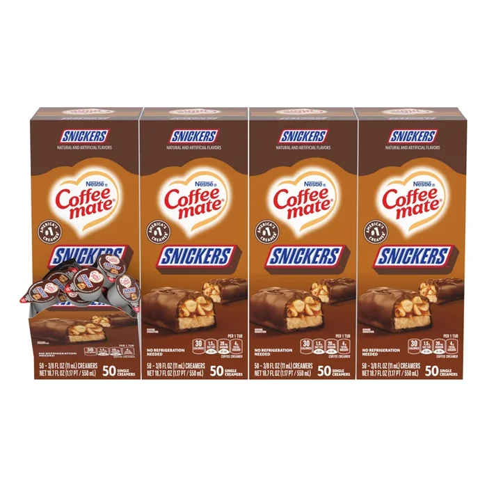 Nestle Coffee Mate Coffee Creamer, Snickers, Liquid Creamer Singles, Non Dairy, No Refrigeration, 0.375 Fl Oz Tubs (Pack Of 200)