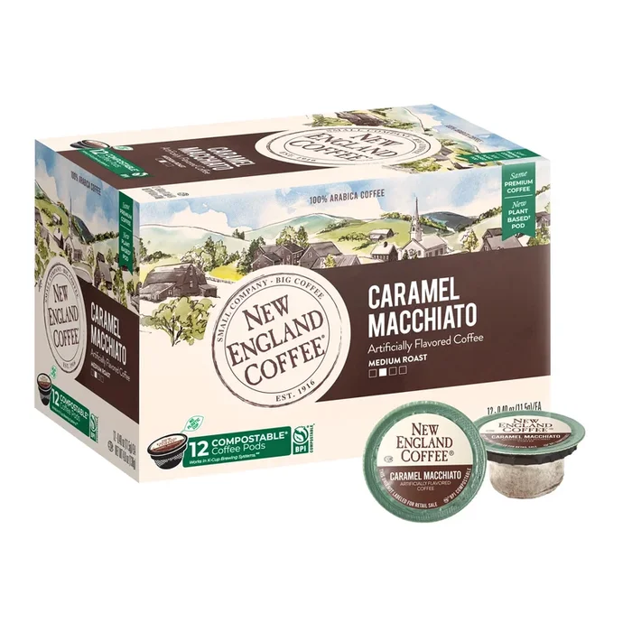 New England Coffee Caramel Macchiato Medium Roast Single Serve Pods, 12 Count Box, Ideal for Quick Coffee Fixes