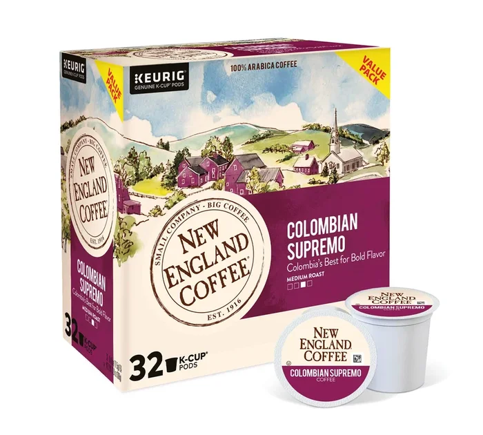New England Coffee Colombian Supremo Medium Roast Single Serve Pods, 32Ct Box (Pack Of 1)