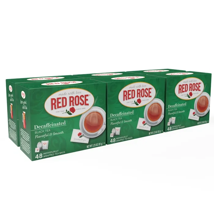 Red Rose Naturally Decaffeinated Black Tea Specially Blended Strong Black Tea With 48 Individually Wrapped Tea Bags Per Box (Pack Of 6) Brew Hot/Cold Decaf Black Tea Full-Bodied Flavorful Black Tea