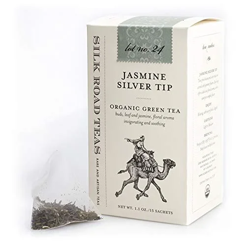 Silk Road Teas, Organic Jasmine Silver Tip Tea, Organic Green Tea, Floral Aroma, Invigorating & Savory Flavors, 15 Non-Gmo Biodegradable Tea Bags