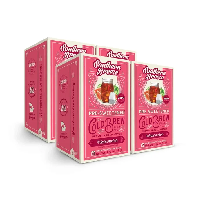 Southern Breeze Cold Brew Sweet Tea Watermelon Iced Tea With Black Tea And Zero Carbs Zero Sugar, 20 Individually Wrapped Tea Bags, Pack Of 4