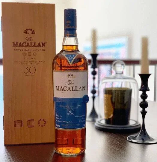The Macallan Fine Oak 30 Year Old Single Malt Scotch Whisky Wooden Box Blue White Label